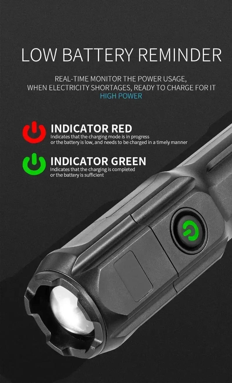 Description Picture 3 of itemHigh Power LED Flashlight USB Rechargeable Torch Portable Zoomable Camping Light 3 Lighting Modes Use High Strength ABS Material