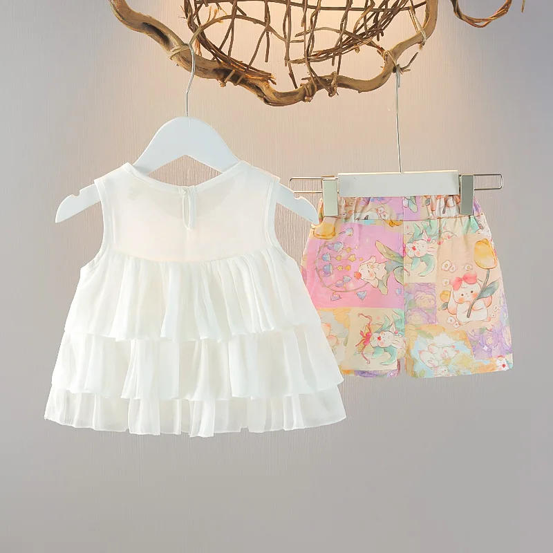 Description Picture 3 of itemGirls' Chiffon Floral Sleeveless Doll Shirt Set Summer New Style Stylish Comfortable Breathable Top Wholesale Set for Baby Girls