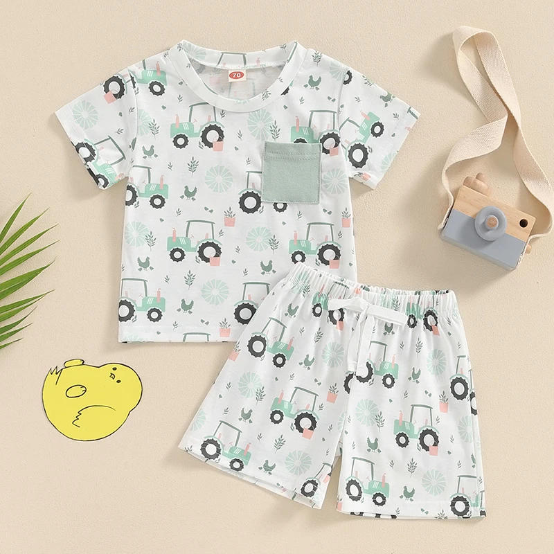 Description Picture 2 of item2Pcs Baby Boy Summer Outfits Short Sleeve Farm Print Tops Shorts Set Toddler Clothing