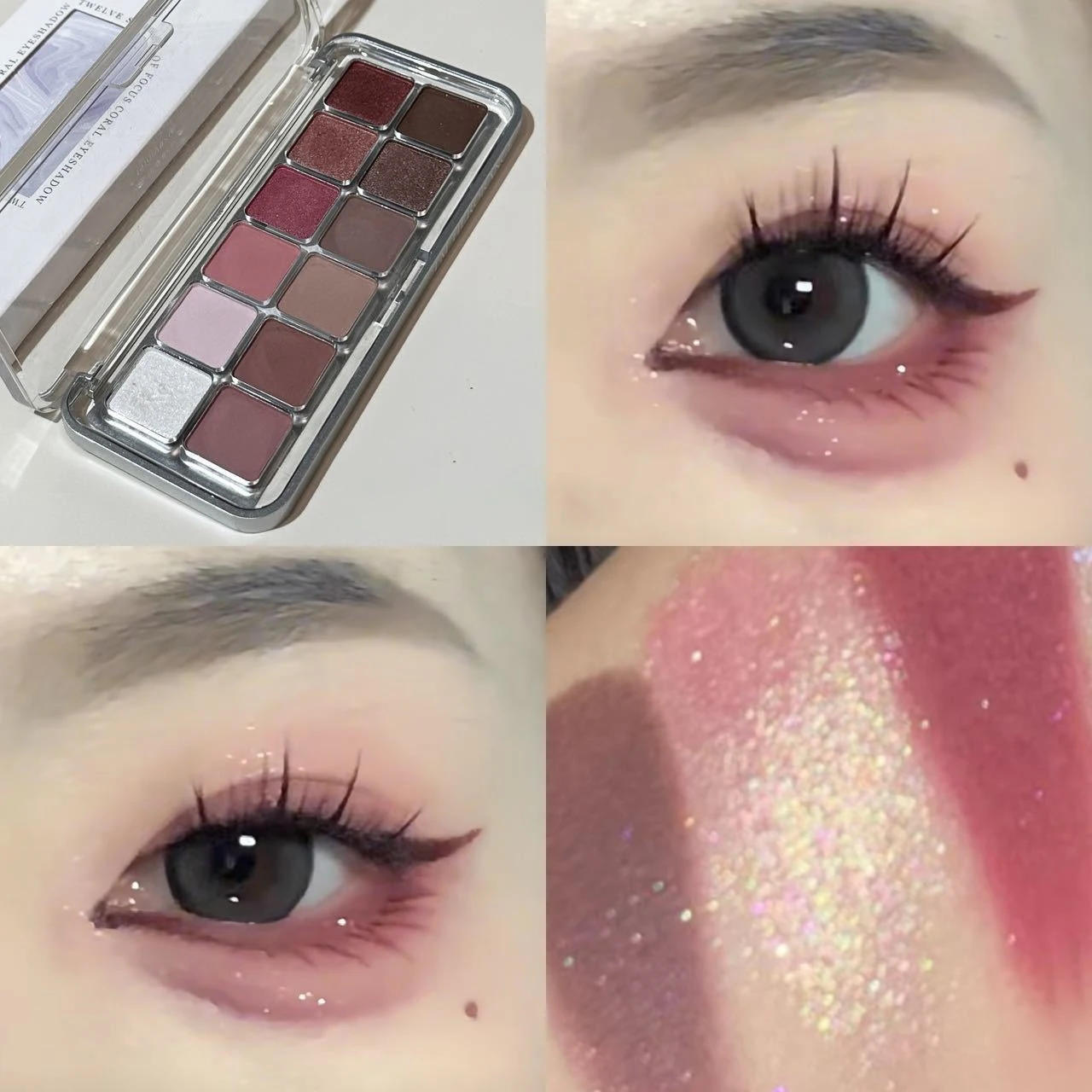 Description Picture 2 of item12 Color Eye Shadow Palette Matte Pearl Wine Red Eyeshadow Rose Brown Eyeshadow Glitter Shimmer Long-lasting Beginner Eye Makeup