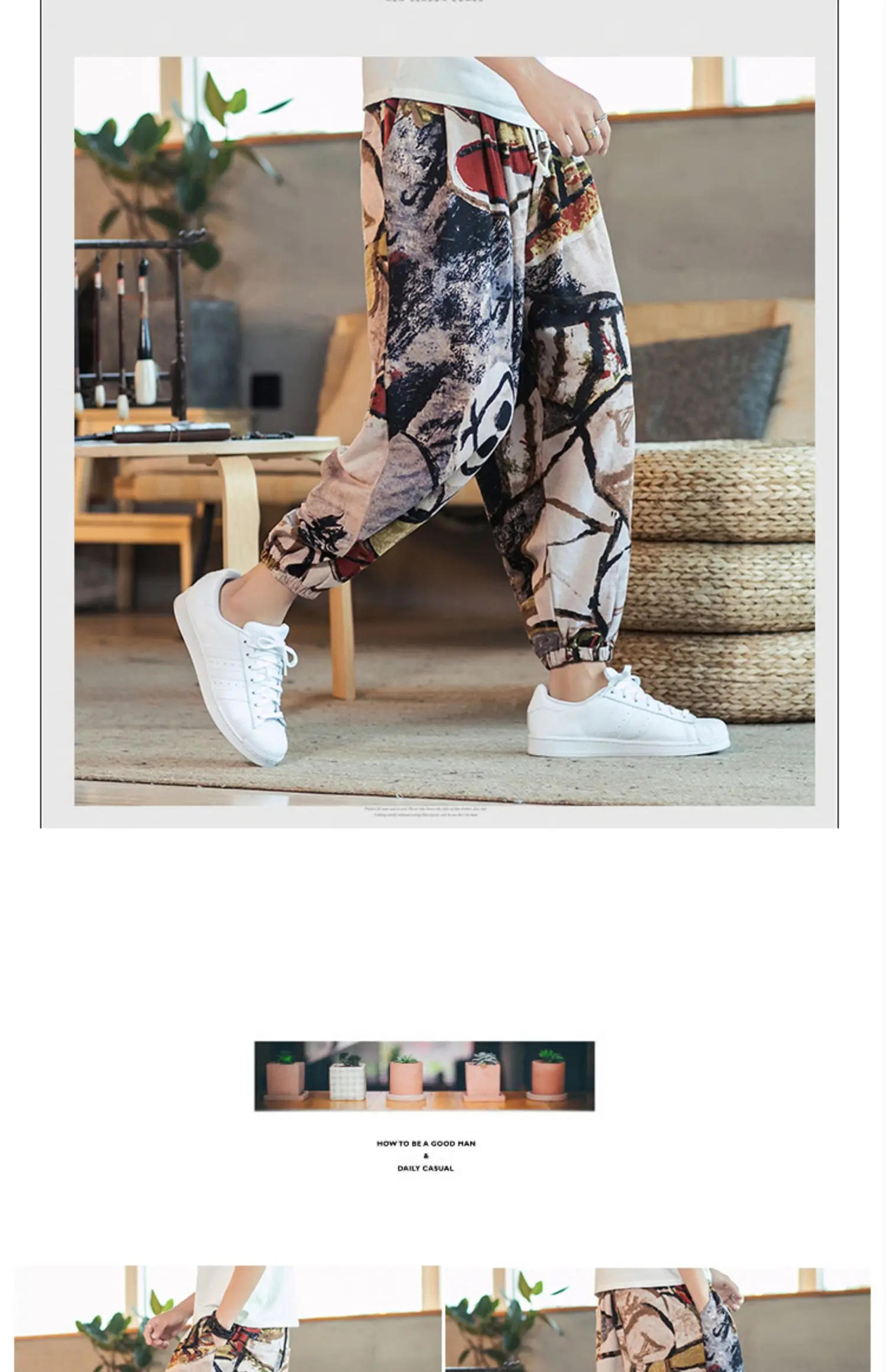 Description Picture 6 of itemMen Printed Harem Pants 2024 New Cotton Linen Drawstring Trousers Streetwear Hip Hop Fitting Jogging Loose Casual Wide Leg Pants