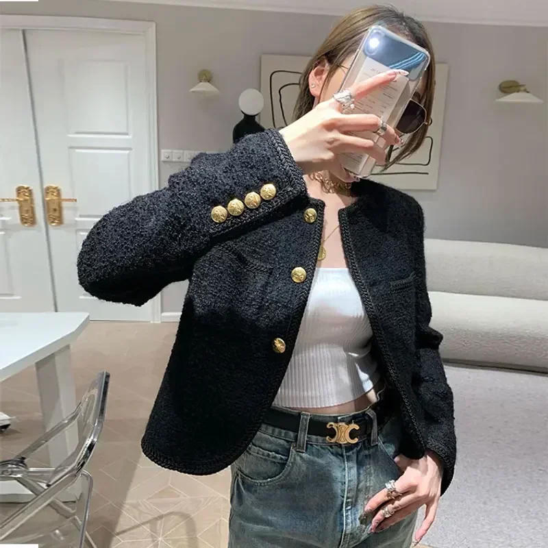 Description Picture 4 of itemElegant Coats Spring Autumn Women Clothes Jacket New High Quality Women Fashion Jackets Black Tweed Two Pockets Golden Buttons