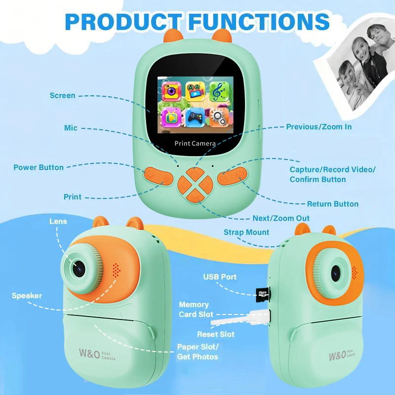Description Picture 4 of itemW&O Q2 1080P 48MP Children Instant Photo Camera Cute Mini Portable Film Printer HD Vlog Shooting Camera Video Record Kids Gift