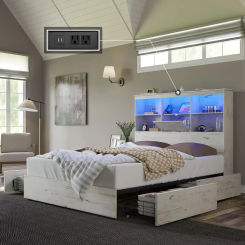 Queen Size Bed Frame Wooden Platform Bed with 51.2" LED Storage Bookcase Headboard, 4 Storage Drawers & Charging Station, White