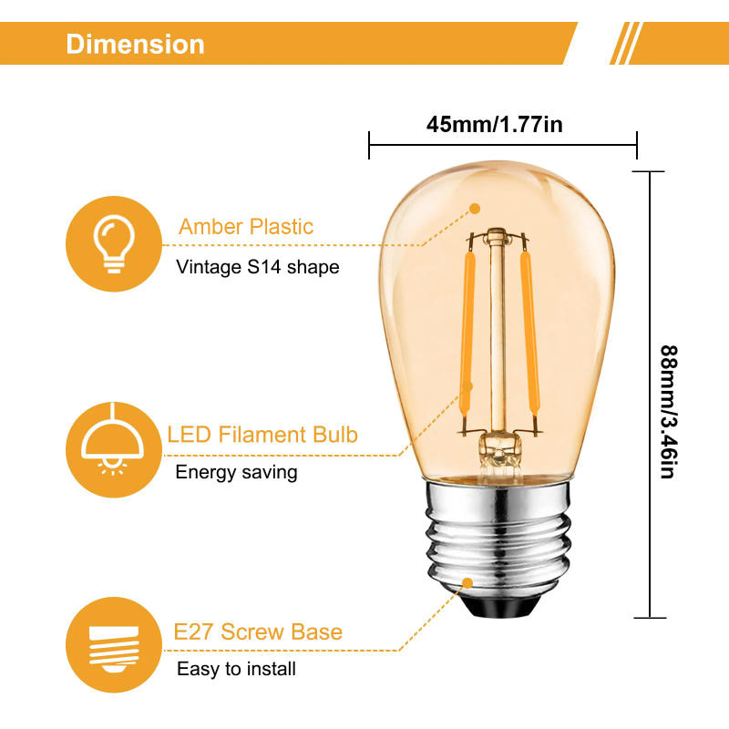 Description Picture 4 of itemS14 Vintage Led Filament Bulb E27 2W Amber Plastic ST45 LED bulb Warm White 2700K Edison Light Lamp IP44 For String Lighting