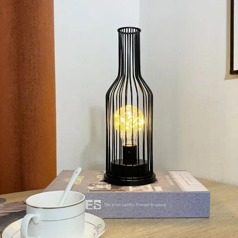 Description Picture 3 of item1PC Creative Night LampNordic Wind LED Iron Glass Red Bottle For Room Bedroom Living Room Bedside Table Lamp Decorative Lights