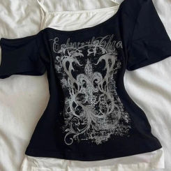HOUZHOU Gothic Off Shoulder T-shirts Women Vintage Punk Graphic Tees Harajuku Y2k Sexy Grunge Short Sleeve T-shirts Aesthetic