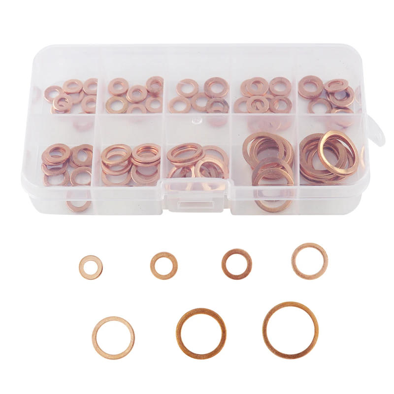 Description Picture 5 of item100Pcs Copper Washer Gasket Nut And Bolt Set Flat Ring Seal Assortment Kit With Box M4/M5/M6/M8/M10/M12/M14 For Sump Plugs