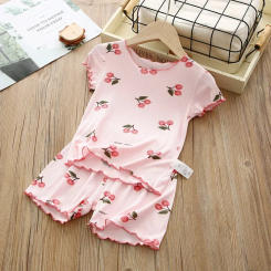Girls Summer Pajama Set Cherry Blossom Print 4-Way Stretch Shorts & Tee Breathable Modal Blend for Bedtime and Playtime for 1-8Y