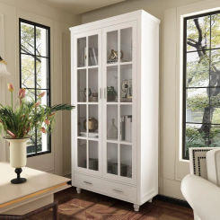 Bookcase Storage Cabinet with Glass Doors & Drawer, 3-Tier Wooden Bookshelf Display Cabinet for Living Room