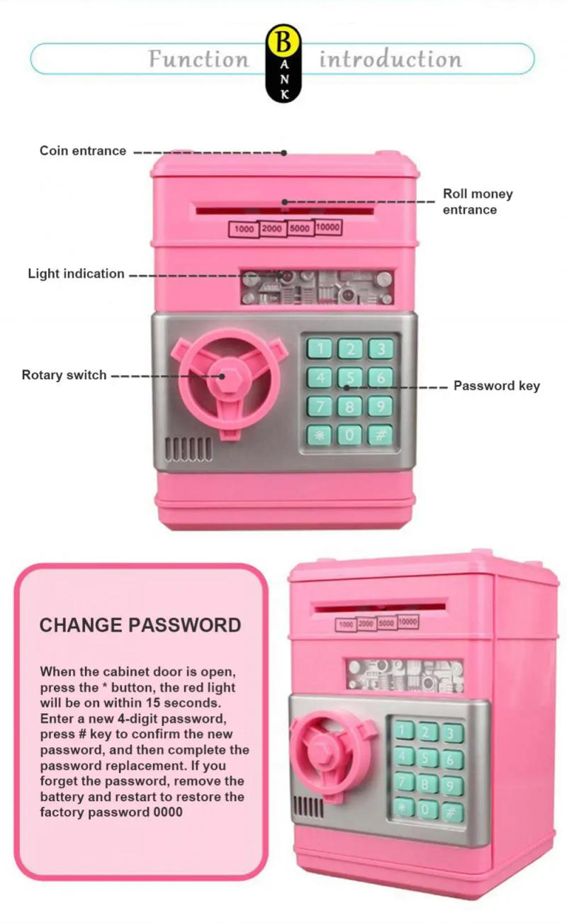 Description Picture 3 of itemElectronic Piggy Bank Automatic Mini Safe Coins Cash Saving Money Box Password Counter Code Key Lock Coin Bank ATM Child Gift