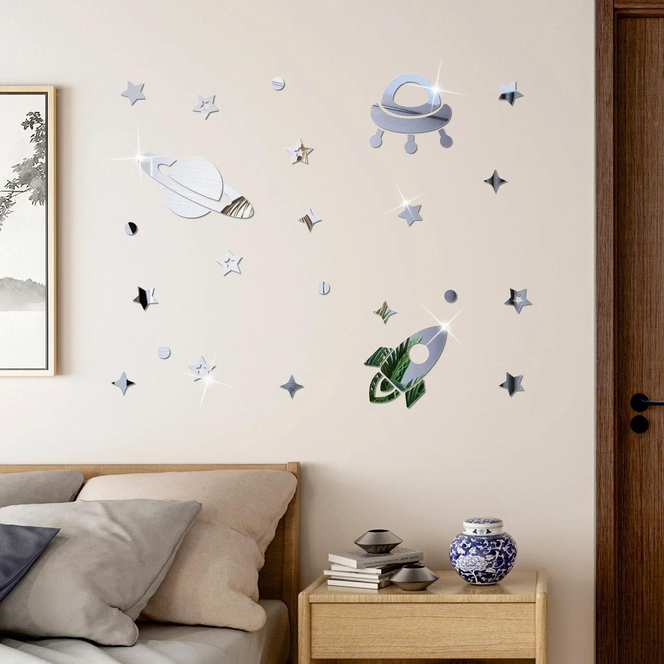 Description Picture 4 of item33pcs Planet Shape Mirror Wall Stickers 3D Acrylic Universe Stars Wall Decal Self-Adhesive For Kids Room Bedroom Home Decor