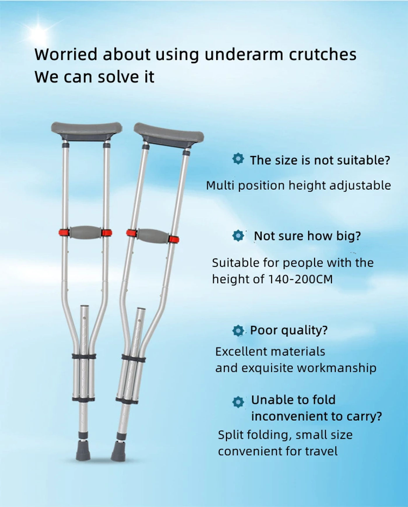 Description Picture 2 of itemAluminum Alloy Detachable Foldable Underarm Crutches Armpit Crutch Elderly Disabled Walking Stick Mobility Aid Walking Crutches