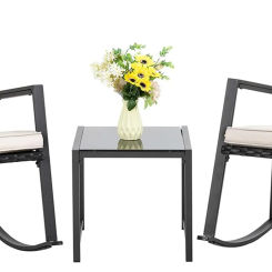 3 Piece Wicker Rocking Chair Outdoor Bistro Sets with Coffee Table and Cushions Metal Frame Patio Furniture(Beige)