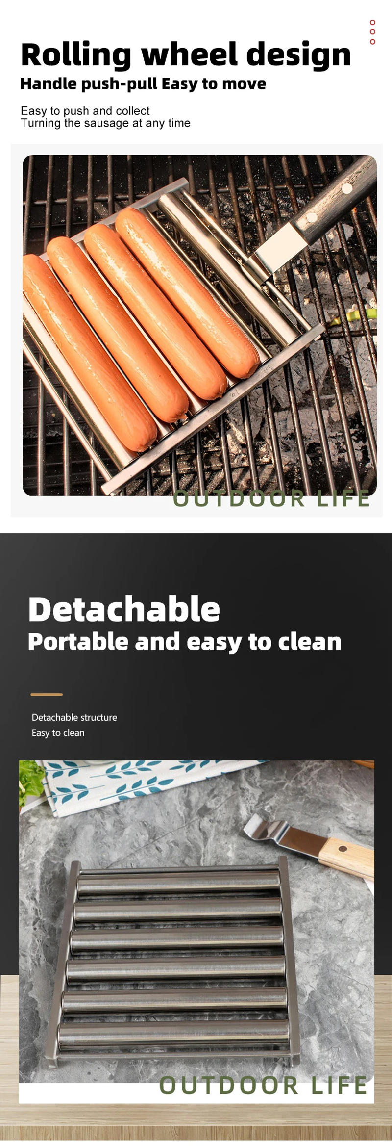 Description Picture 5 of itemHot Dog Roller Rack, Stainless Steel Outdoors BBQ Sausage Grill Pan With Long Wood Handle,New Barbecue Tools