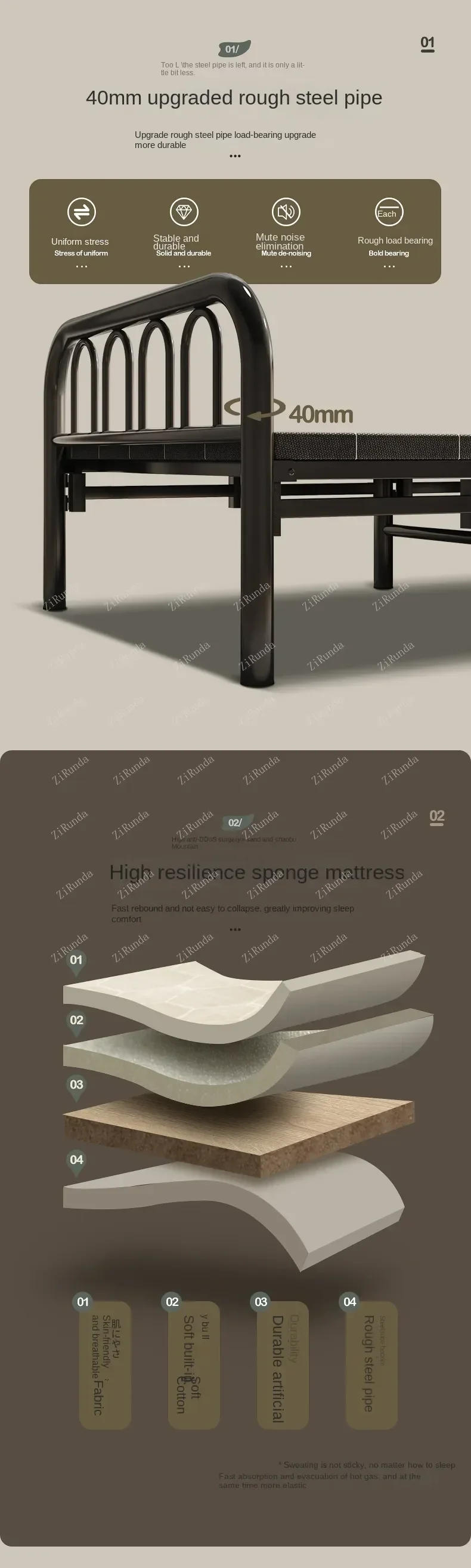 Description Picture 6 of item~L Folding Bed Double Home Simple Bed Rental House Noon Break Bed Office Single Nap Hard-Based Bed Bedroom Sets Beds