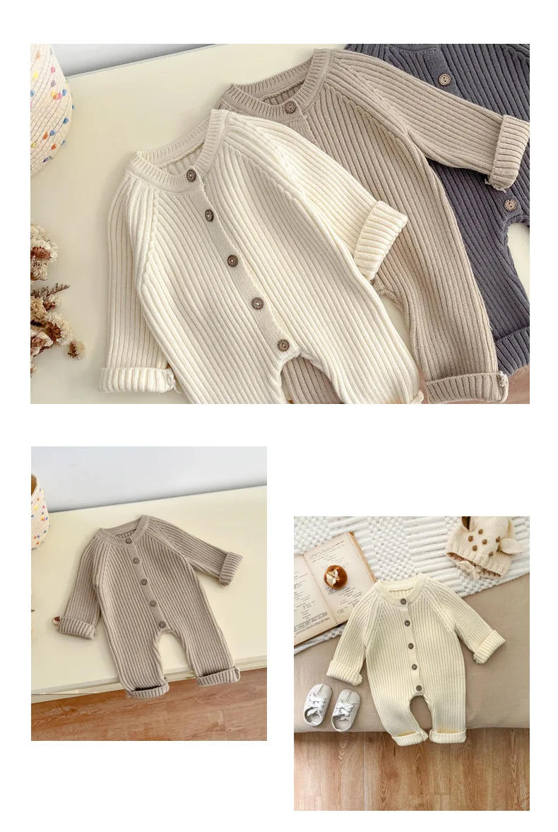 Description Picture 3 of itemNewborn Baby Clothes Versatile Autumn Winter  Solid Color Knitted Thick Climbing Clothes Infants and Children Baby Jumpsuit