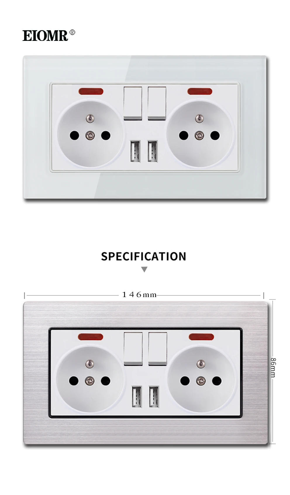 Description Picture 6 of itemEIOMR EU Electrical Sockets with USB 110~220V 16A Wall Power Socket with Light Switch No Need To Pull The Plug Home Decoration