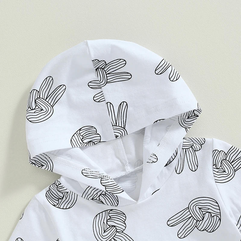 Description Picture 5 of itemInfant Boys Summer Outfits Finger Print Short Sleeve Hooded Tops and Elastic Waist Shorts 2Pcs Clothes Set