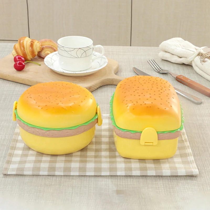 Description Picture 6 of itemHamburger Lunch Box Double Tier Cute Burger Bento Box Microwave Children School Meal Food Snack Fruit Container 1000Ml