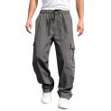 Men Cargo Pants Multi Pockets Drawstring Elastic Waist Men Sweatpants Solid Color Loose Wide Leg Straight Long Trousers