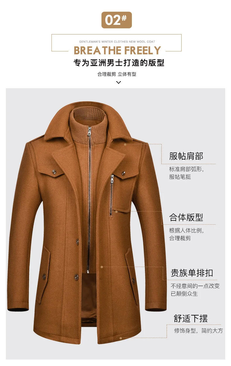 Description Picture 6 of itemHigh Quality 46%Wool Coat For Men Winter Solid Color Zipper Double Collar Thick Warm Woolen Coat European Design Men's Clothing