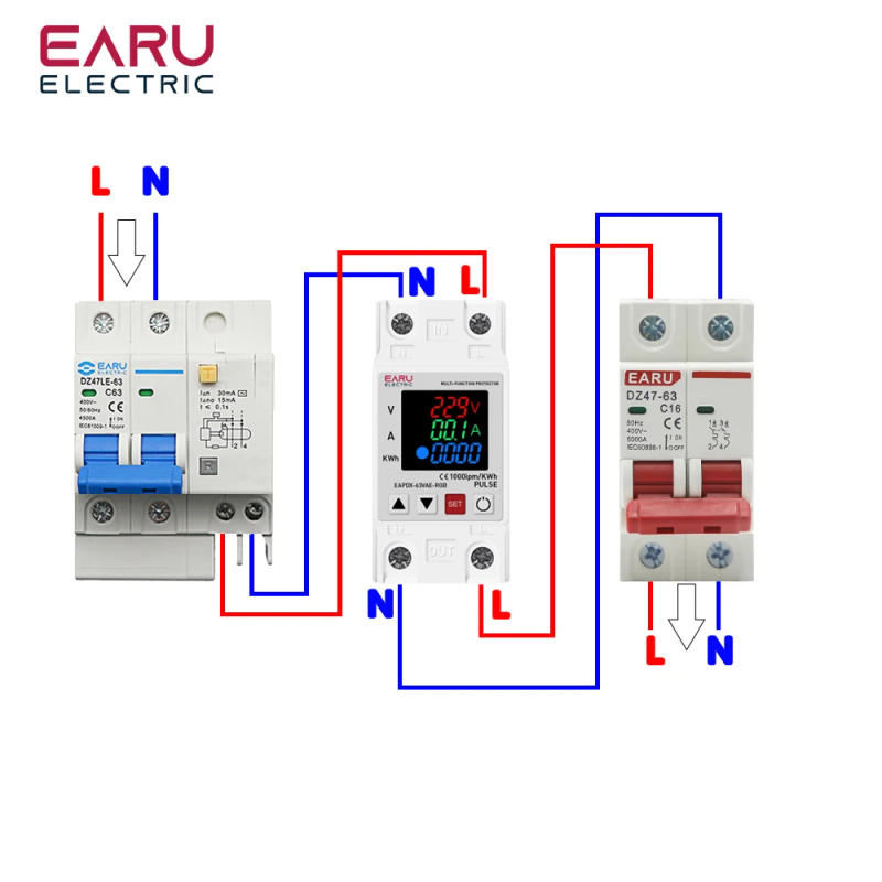 Description Picture 5 of item63A 230V 3IN1 Display Din Rail Adjustable Over Voltage Current Under Voltage Protective Device Protector Relay 220V KWH Red Blue