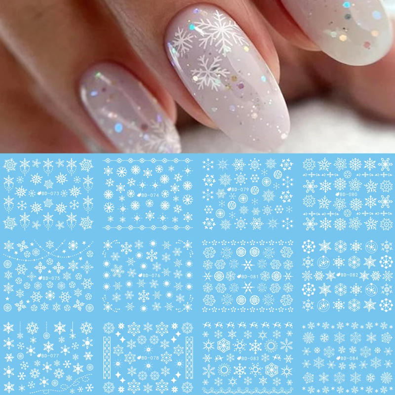 Description Picture 3 of item12pcs White Blue Snowflake Water Nail Stickers Set Winter Christmas Nail Art Design Transfer Slider Decals Manicure Decoration