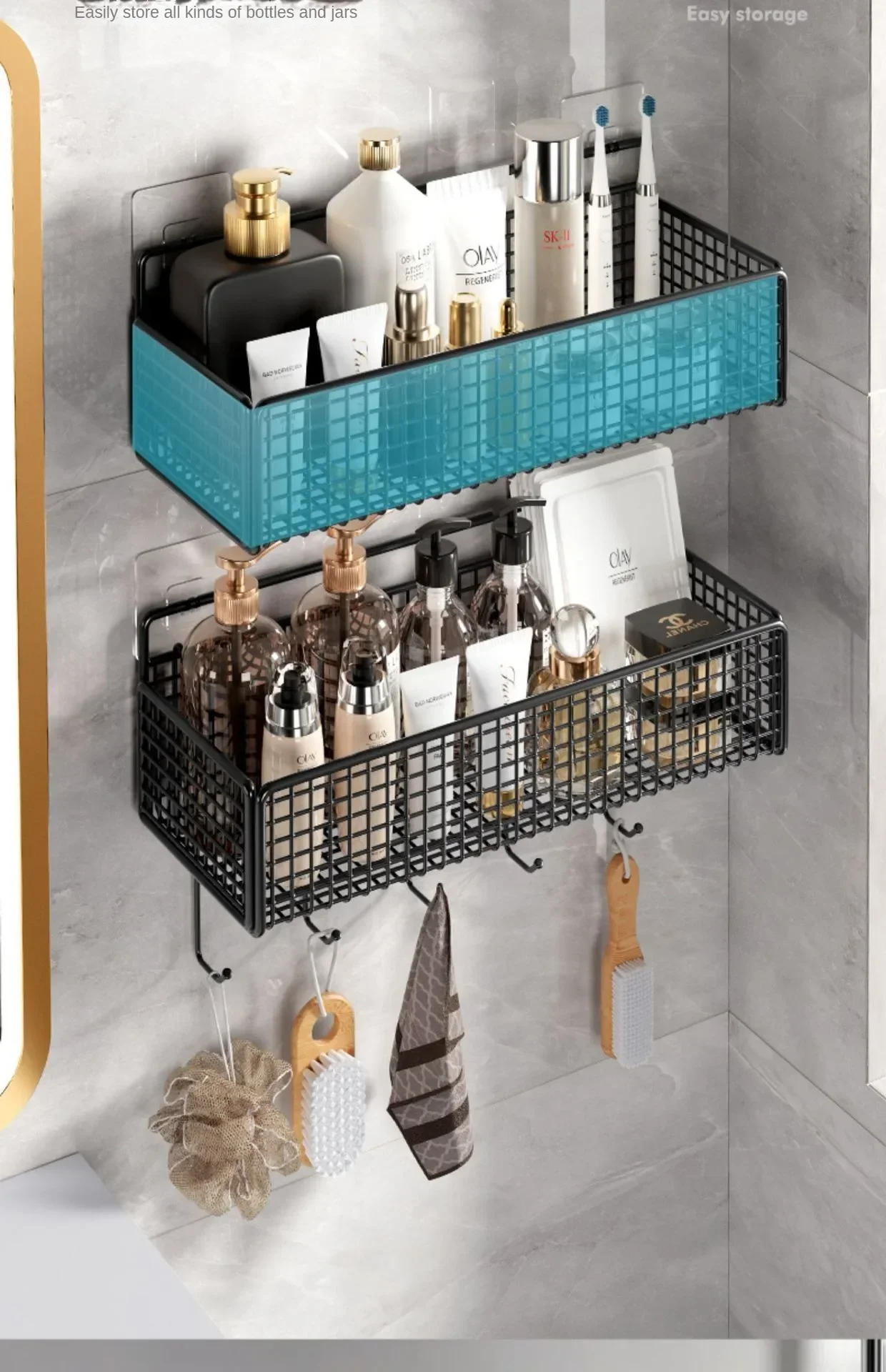 Description Picture 6 of item1PC Bathroom Organiser Multifunctional Toiletries Organiser No-Punch Bathroom Shelf Bathroom Kitchen Wall Mount Storage Rack