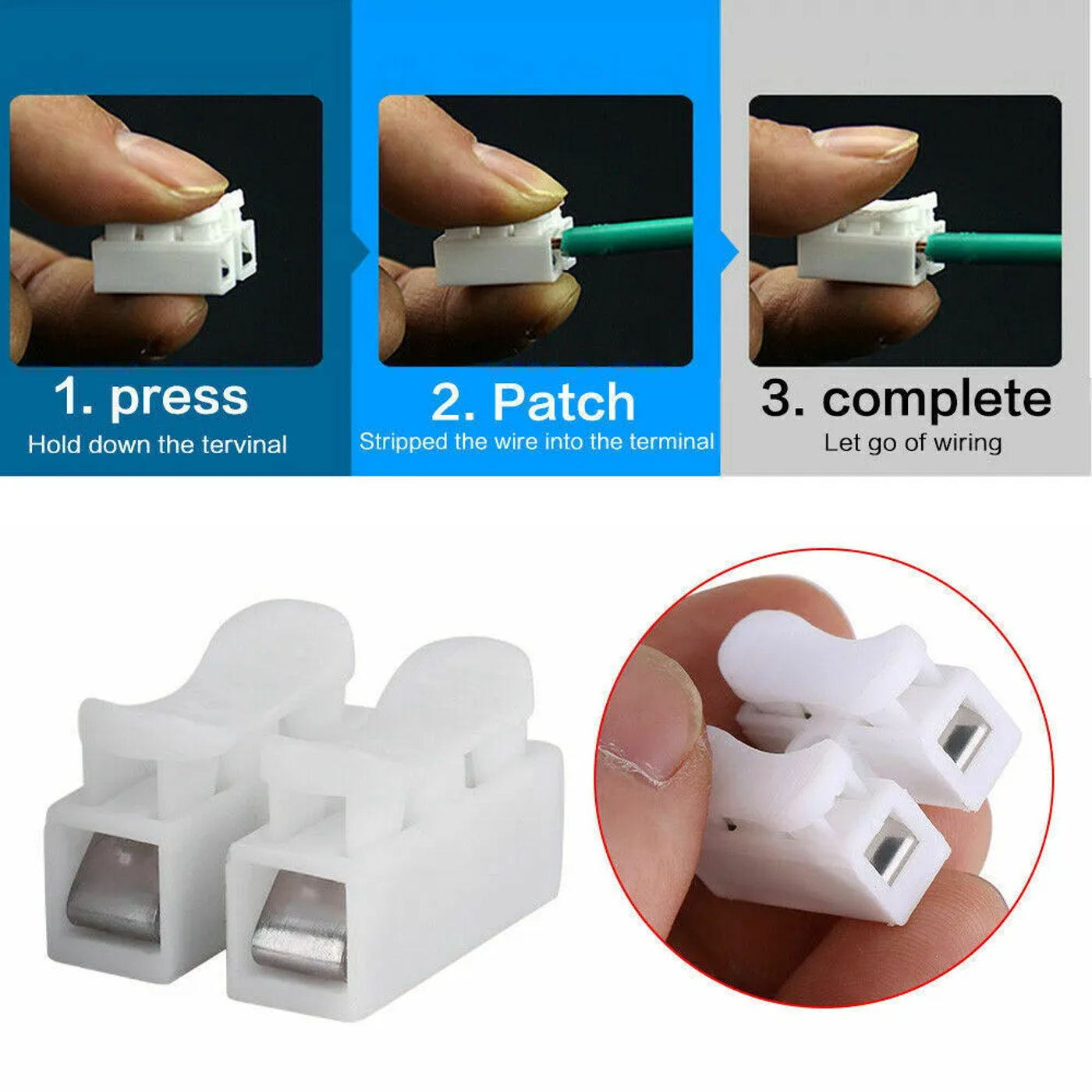 Description Picture 4 of item20pcs CH2 Spring Quick Wire Connector Cable Clamp Terminal Electrical Cable Connectors Lock Wire Connector LED Strip Light Clamp
