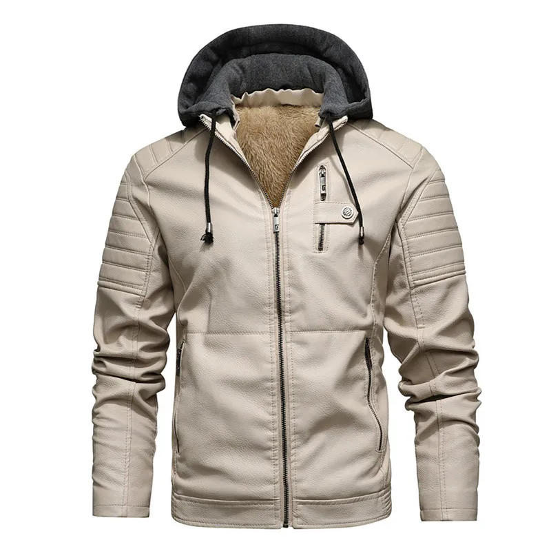 Description Picture 4 of itemFleece Faux Leather Jacket Men Solid  Autumn Winter Slim Fit Hooded Men's PU Coat New Fashion Windproof Plus Size L-5XL FX-1002