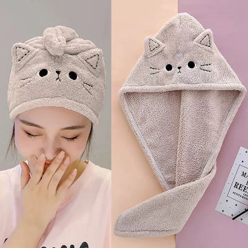 Cute Cartoon Cat Design Quickly Dry Hair Wrapped Towels Dry Hair Hat Portable Coral Fleece Shower Cap Bath Accessories