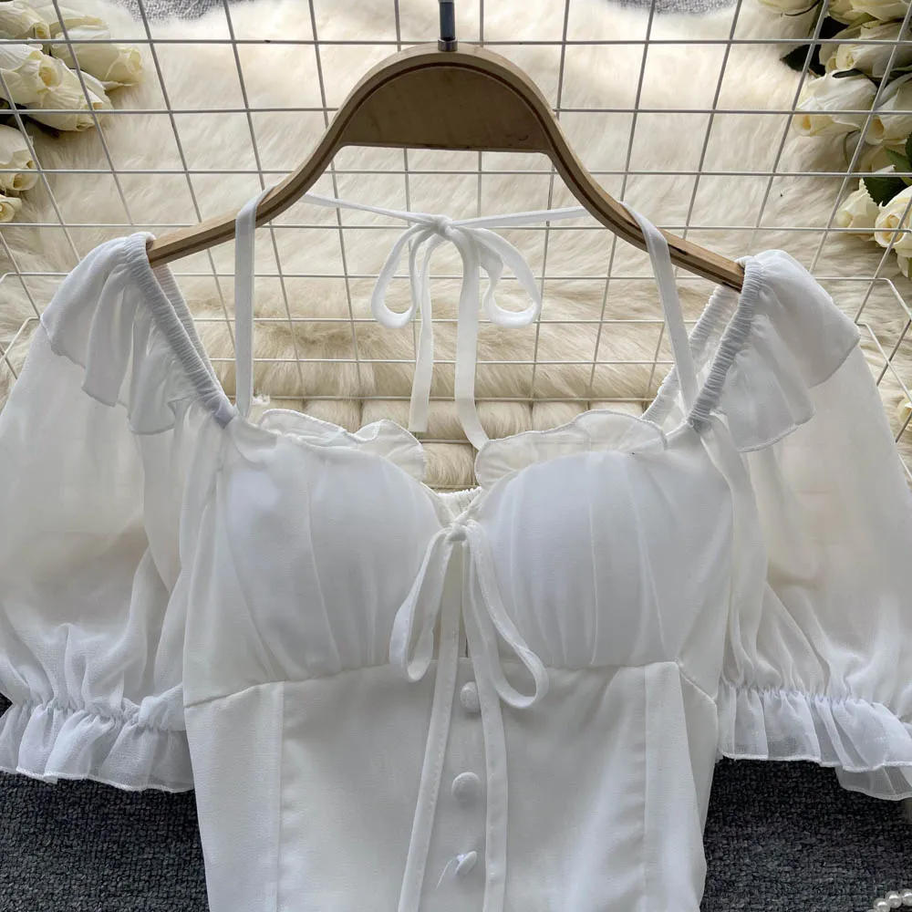 Description Picture 5 of itemSexy  Pleated Lace-up Puff Short Sleeve Slim Blouse Elegant Korean Fashion Off Crop Top Sexy Shirt Summer Women Clothing