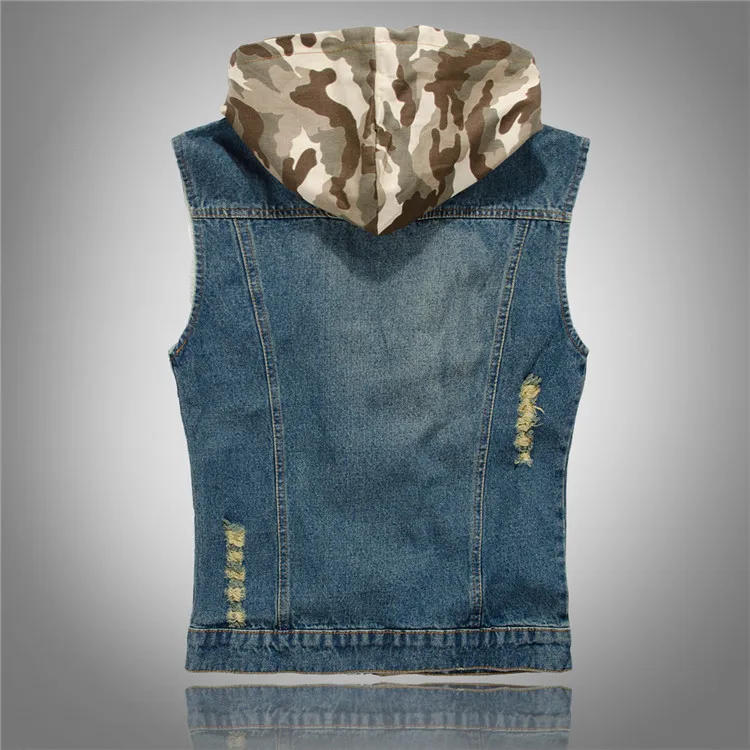 Description Picture 3 of itemMens Vintage Ripped Jeans Man Hooded Vest Casual Male Denim Vest With Multi Pocket Sleeveless Jacket Masculino Colete XXXL