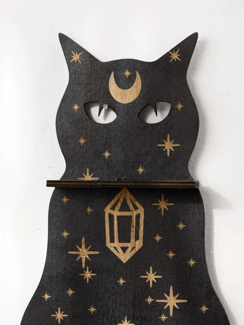 Description Picture 5 of item1pc Sun Moon Star Black Cat Floating Wall Shelf Wooden Crystal Shelf Display Wall Decor Display Shelf Boho Home Decoration Ledge