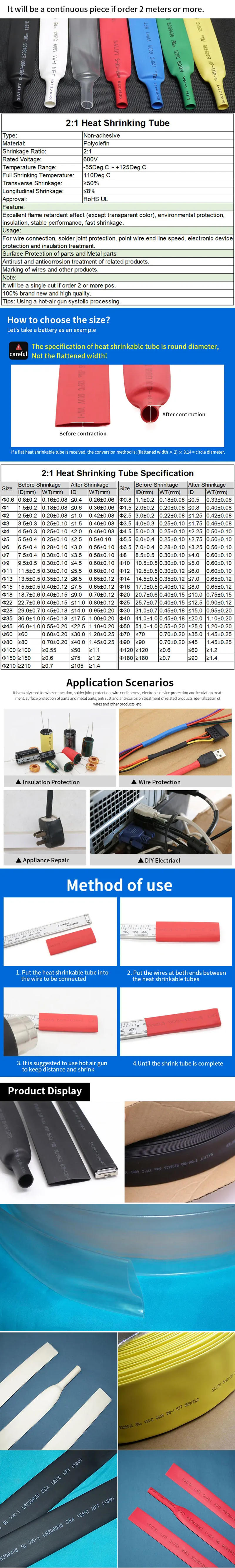 Description Picture 2 of item1 Meter Dia 1 2 3 4 5 6 7 8 9 10 12 14 16 20 25 30 40 50 mm Heat Shrink Tube 2:1 Polyolefin Thermal Cable Sleeve Insulated