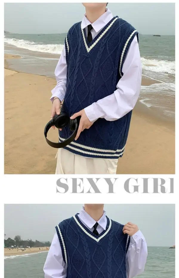 Description Picture 3 of item2023 Autumn Winter Men's Sleeveless Man Vest Warm Jumper Knitted Waistcoats Casual Men Pullovers Sweater Vest Clothing C60