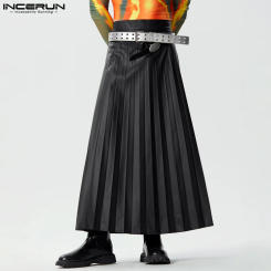 INCERUN 2023 American Style Stylish New Men Pantalons Faux Leather Fabric Pleated Trousers Leisure Solid Half Skirts Pants S-5XL