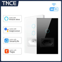 TNCE Brazil Smart WiFi Switch With Socket Plug 1/2 Gang Smart Touch Light Switch Works With Smart Life Voice Via Alexa GoogleHom
