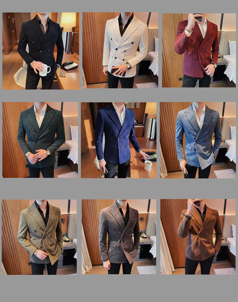 Description Picture 4 of itemHigh Quality Fashion Handsome Trend All-in-one Business Corduroy Suit Jacket Men's Double-breasted Suit Slim Striped Casual Suit