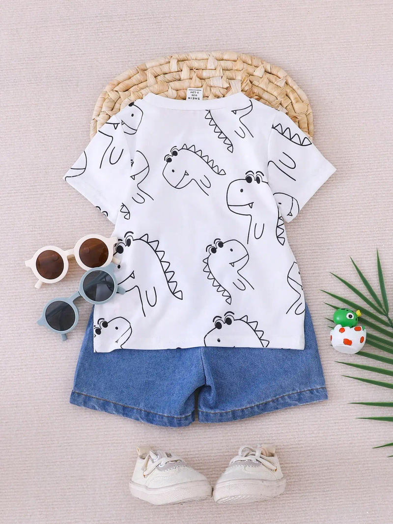 Description Picture 3 of itemSummer 2-Piece Set New Casual Outdoor Comfort Breathable Cute Dinosaur Print Round Neck Short-Sleeved Denim Shorts Fashion Suit