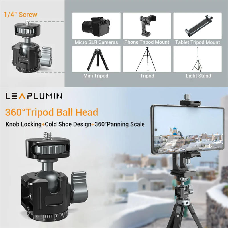 Description Picture 4 of itemAluminum Mini Ball Head Panoramic Tripod Head + Cold Shoe Mount Adapter for DSLR Camera Tripod Phone Mount Max Load 2.5kg/5.5lb