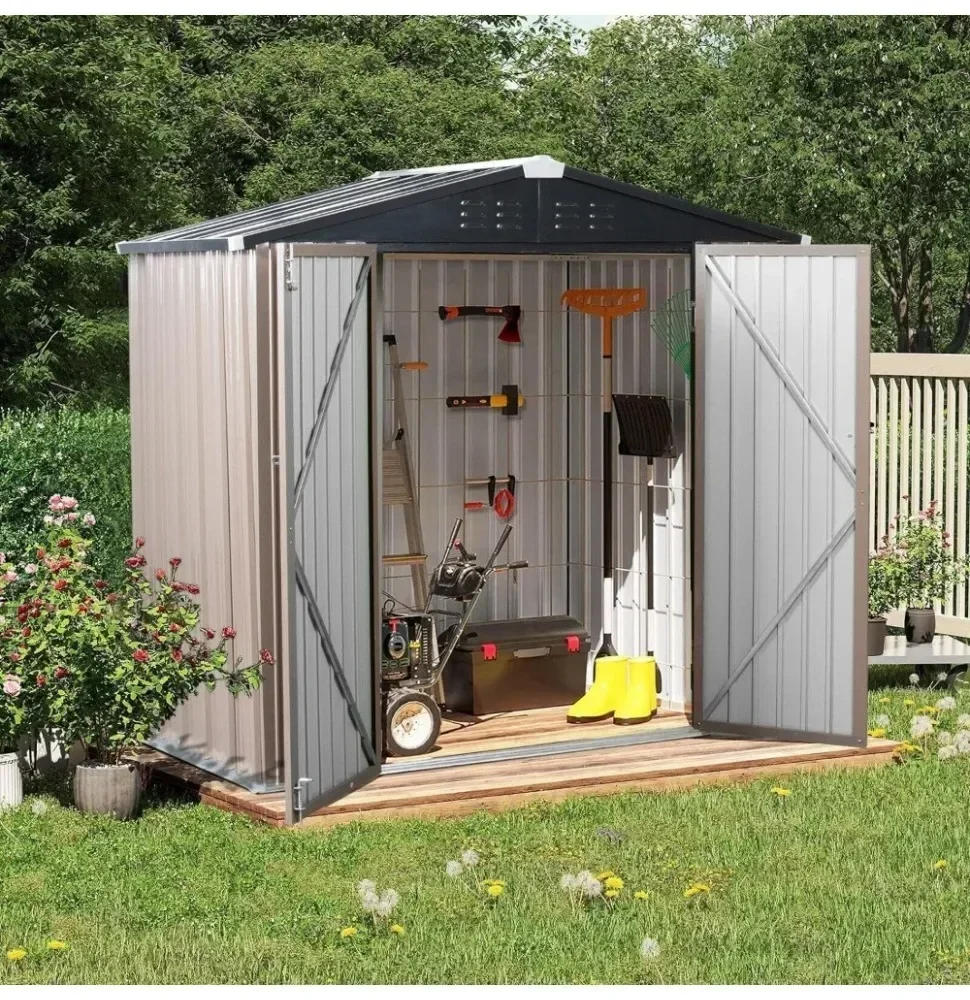 Description Picture 4 of item6 x 4 FT Outdoor Metal Storage Shed, Steel Garden Shed with Double Lockable Door, Tool Storage Shed for Backyard, Patio & Lawn