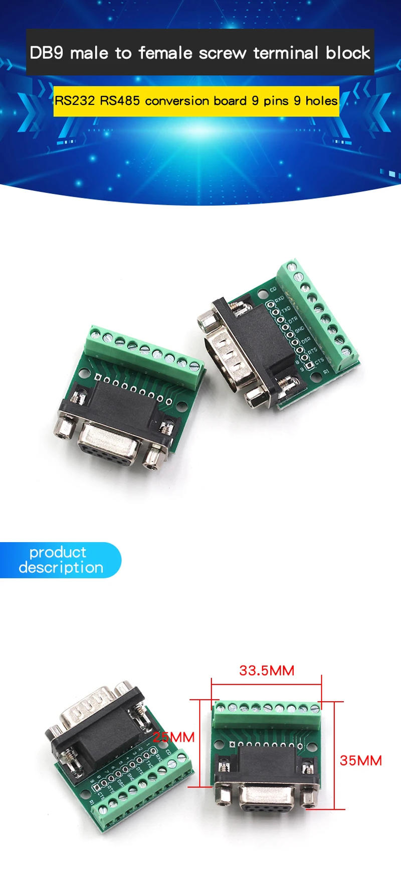 Description Picture 2 of itemDB9 male to female screw terminal block 9 pin 9 hole RS232 232 interface conversion board evaluation board