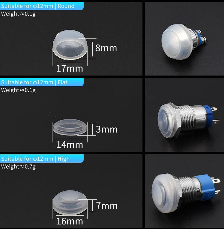 Description Picture 4 of item10Pc 10mm 12mm 16mm 19mm 22mm 25mm Metal Push Button Switch Protection Cover Silicone Waterproof Dust Cap