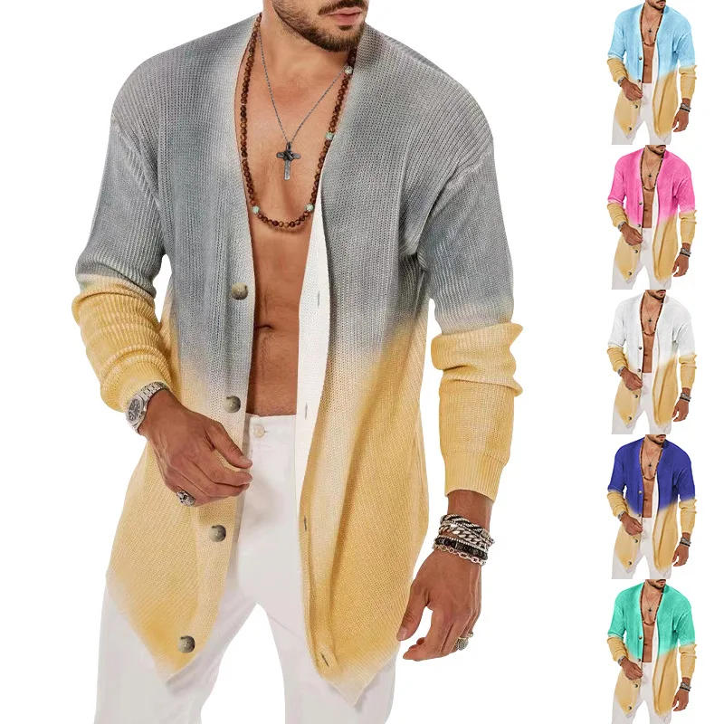 Description Picture 3 of item2024Spring Autumn Men's Trench Coats 3D Gradient Print Waffle Trench Jacket Men Casual Loose Relaxed Breathable Mid Length Coats