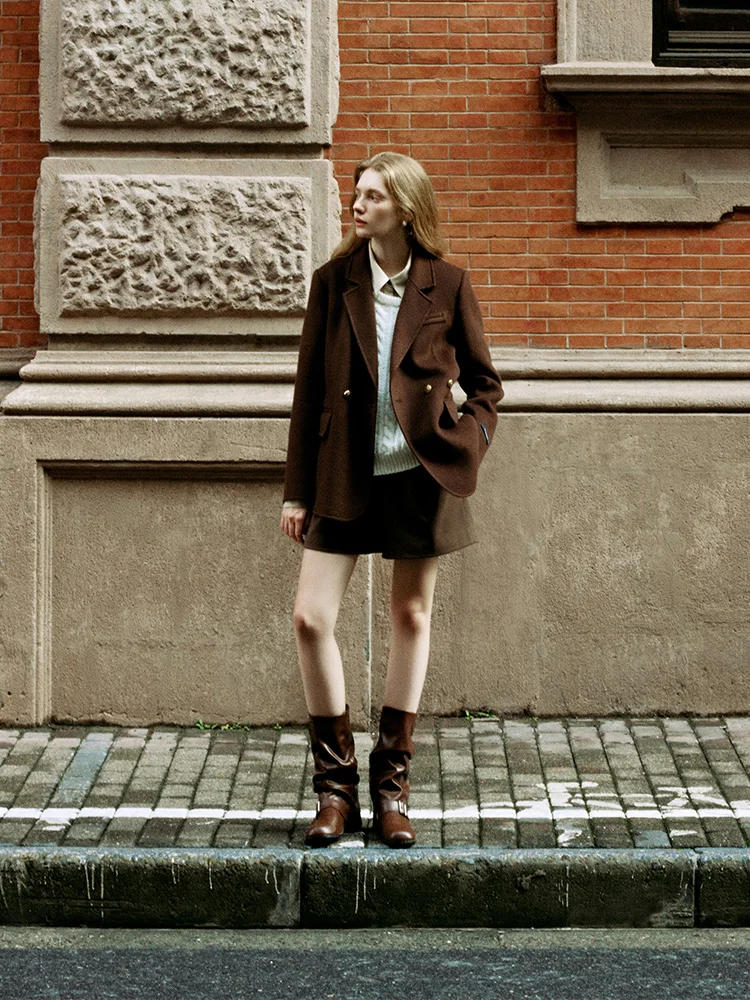 Description Picture 6 of itemFSLE 100% Wool Women Blazer Jackets Front Shoulder Office Lady Winter Temperament Straight Double Breasted Loose Woolen Coats