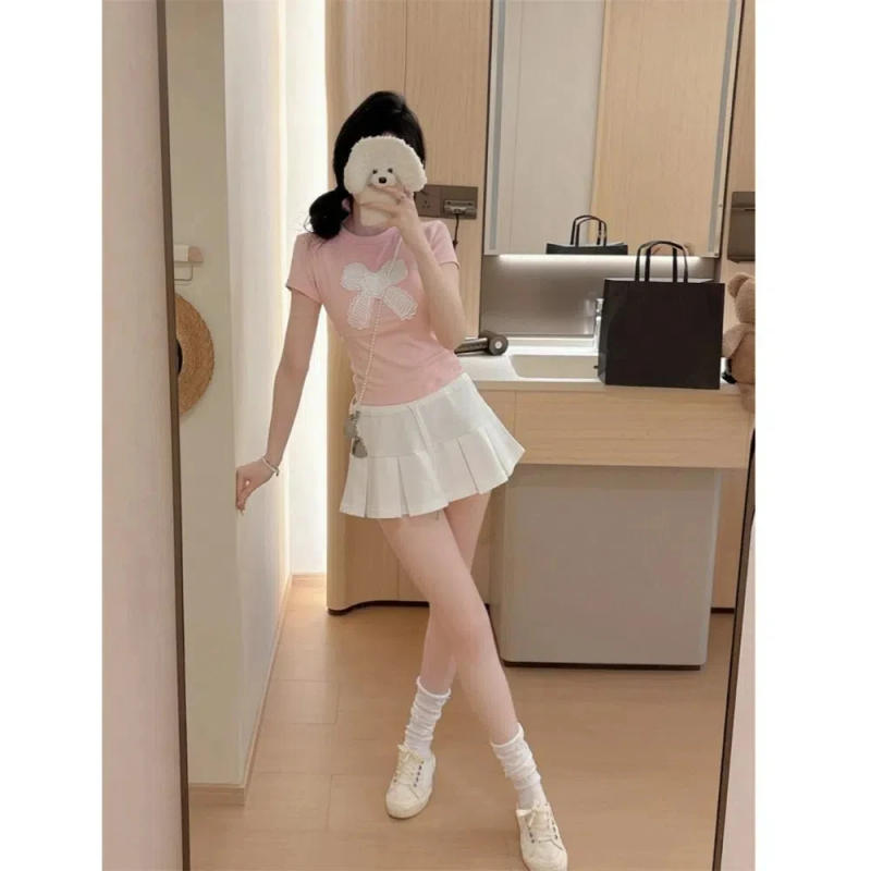 Description Picture 5 of itemFashion Cotton Korean Bow T-shirts With Chest Pads Bowknot Y2K Crop Tops Korean Style Embroidered Short Shoulder Tops Summer