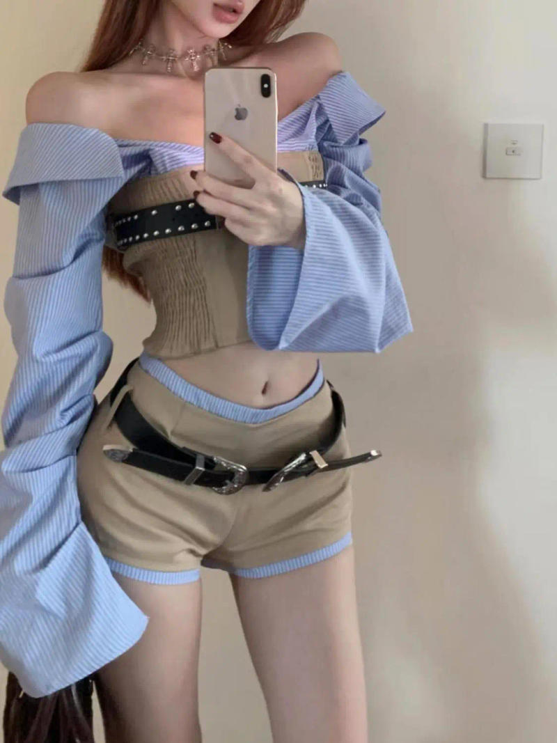 Description Picture 3 of itemOff Shoulder Striped Splicing Long Sleeve Shirt Top Spicy Girl Set Autumn Belt Casual Slim Shorts Two Piece Sets Women Outfits