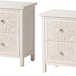 Set of 2 Farmhouse Fully-Assembled Nightstand with 2-Drawer, Flower Motif End Table for Small Spaces,White-Washed